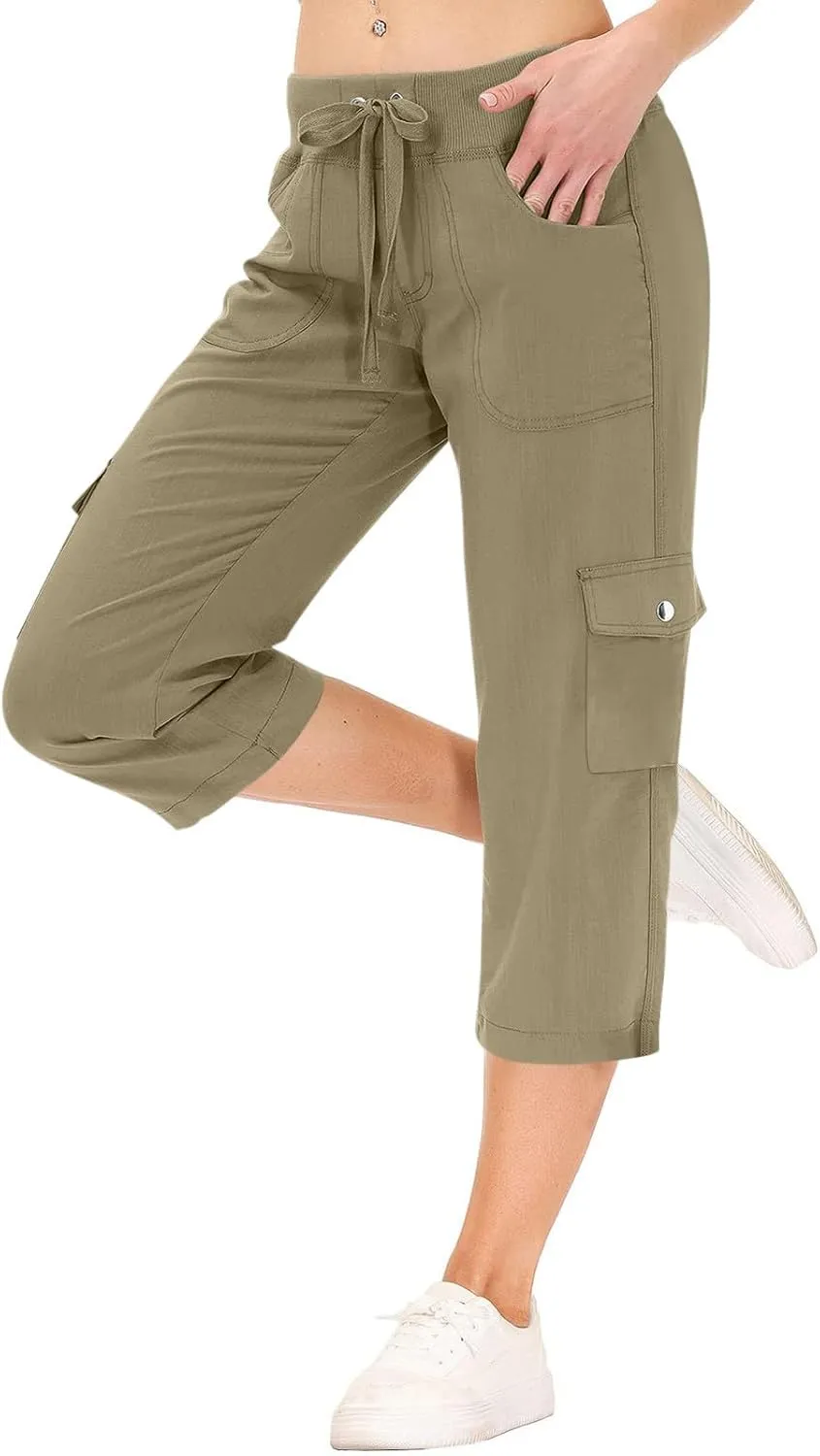ADHOWBEW Women's Cargo Pants with Pockets Summer Baggy Casual Elastic Waist Lightweight Capri Pants Joggers