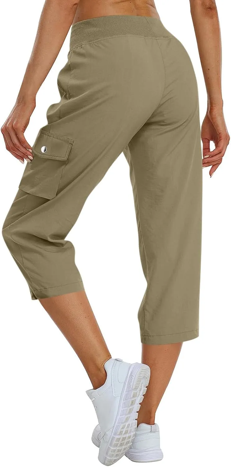 ADHOWBEW Women's Cargo Pants with Pockets Summer Baggy Casual Elastic Waist Lightweight Capri Pants Joggers