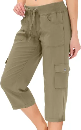 ADHOWBEW Women's Cargo Pants with Pockets Summer Baggy Casual Elastic Waist Lightweight Capri Pants Joggers