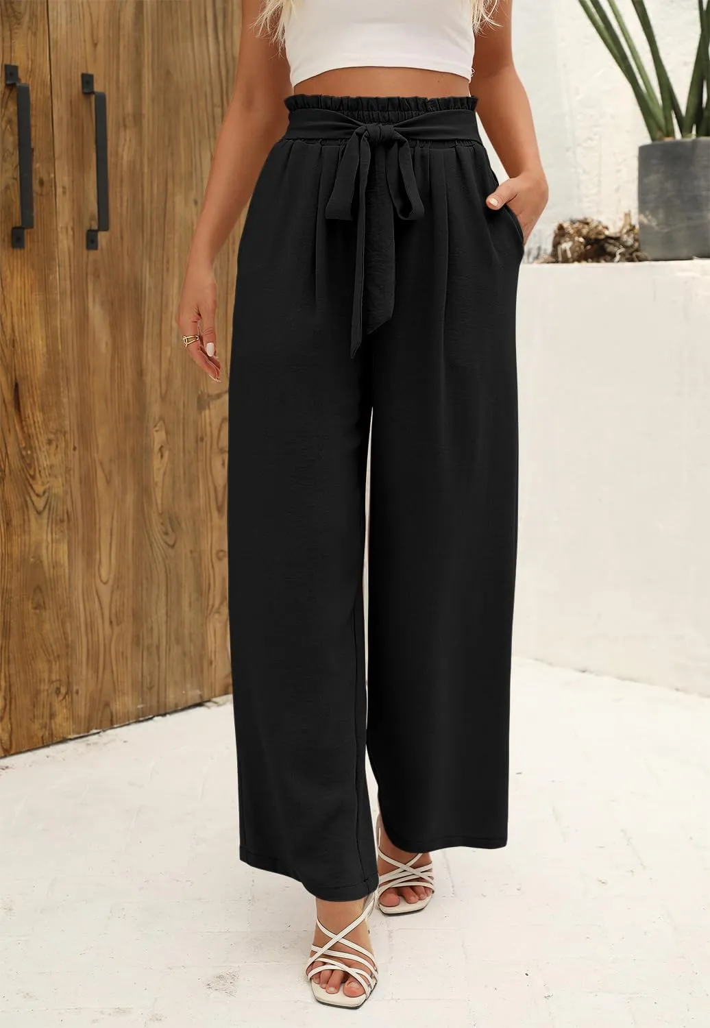 Angerella Womens Wide Leg Pants High Elastic Waist Adjustable Knot Casual Flowy Trousers Business Work Pants with Pockets