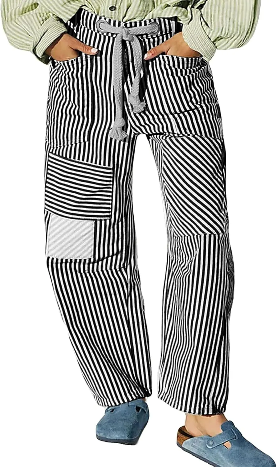Baggy Barrel Jeans for Women Y2k Striped Drawstring High Waist Straight Wide Leg Boyfriend Jeans Mom Denim Pants