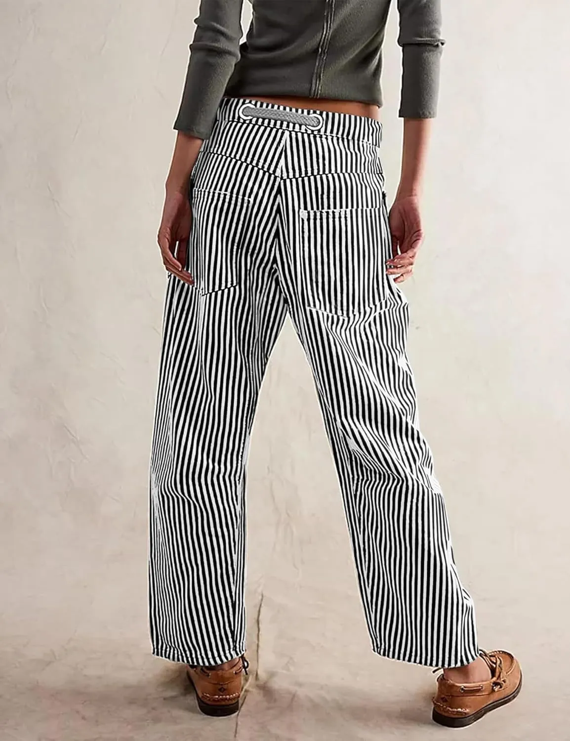 Baggy Barrel Jeans for Women Y2k Striped Drawstring High Waist Straight Wide Leg Boyfriend Jeans Mom Denim Pants