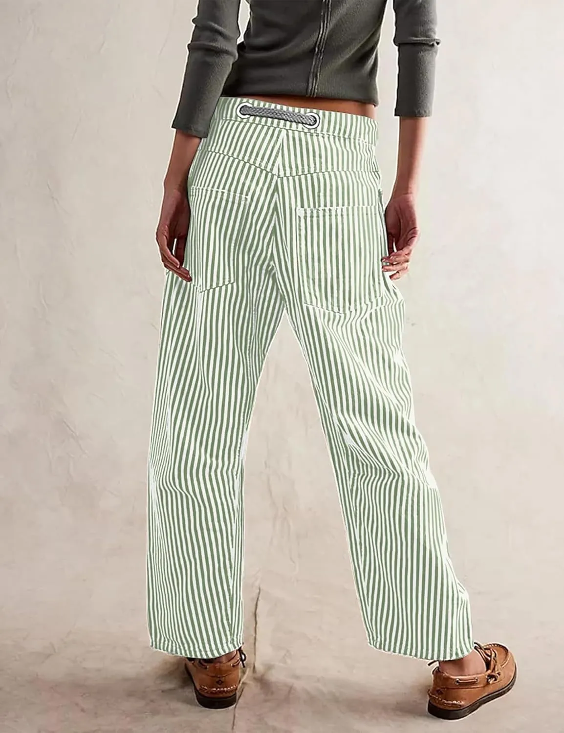 Baggy Barrel Jeans for Women Y2k Striped Drawstring High Waist Straight Wide Leg Boyfriend Jeans Mom Denim Pants