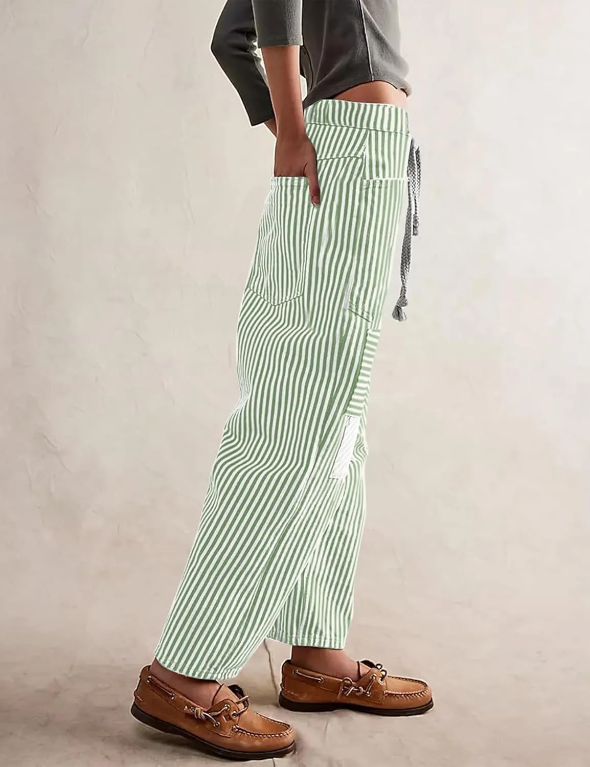 Baggy Barrel Jeans for Women Y2k Striped Drawstring High Waist Straight Wide Leg Boyfriend Jeans Mom Denim Pants