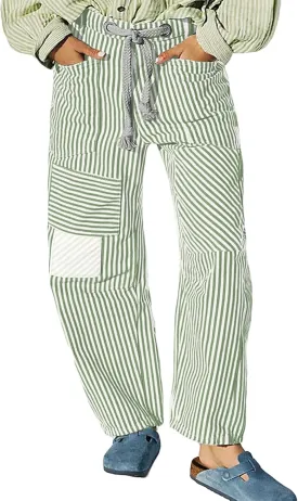 Baggy Barrel Jeans for Women Y2k Striped Drawstring High Waist Straight Wide Leg Boyfriend Jeans Mom Denim Pants