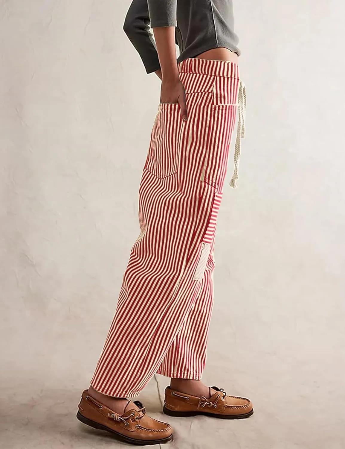 Baggy Barrel Jeans for Women Y2k Striped Drawstring High Waist Straight Wide Leg Boyfriend Jeans Mom Denim Pants