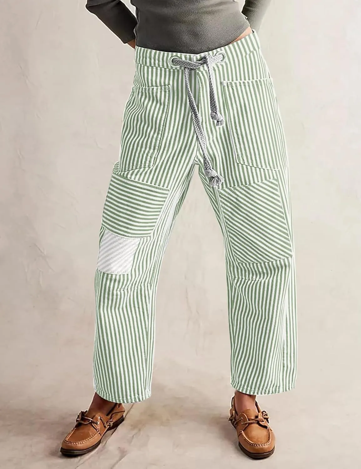 Baggy Barrel Jeans for Women Y2k Striped Drawstring High Waist Straight Wide Leg Boyfriend Jeans Mom Denim Pants