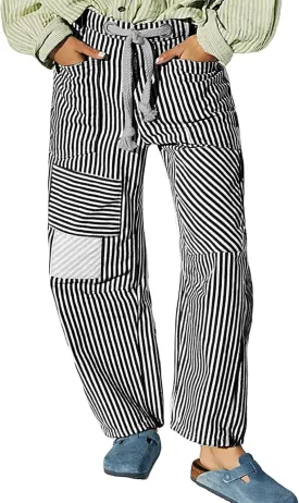 Baggy Barrel Jeans for Women Y2k Striped Drawstring High Waist Straight Wide Leg Boyfriend Jeans Mom Denim Pants