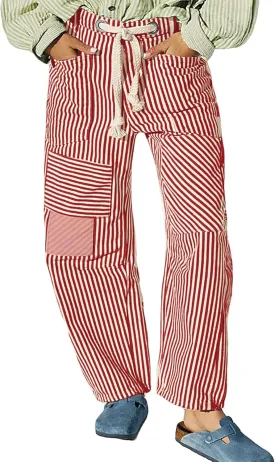 Baggy Barrel Jeans for Women Y2k Striped Drawstring High Waist Straight Wide Leg Boyfriend Jeans Mom Denim Pants