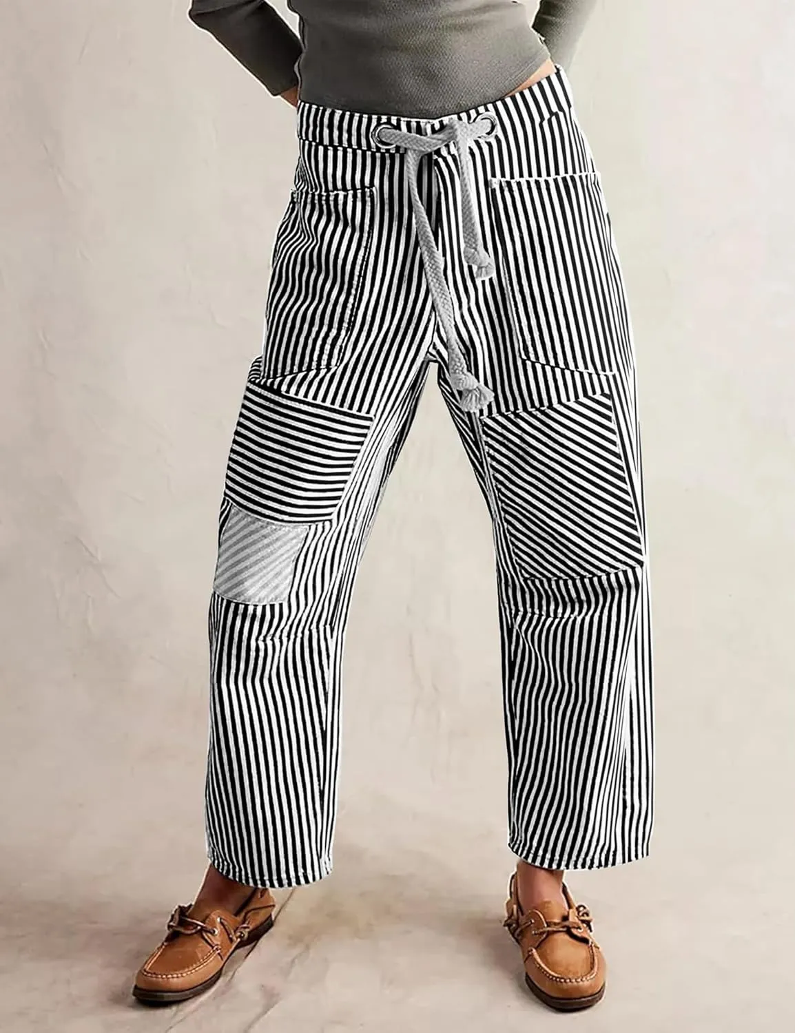 Baggy Barrel Jeans for Women Y2k Striped Drawstring High Waist Straight Wide Leg Boyfriend Jeans Mom Denim Pants