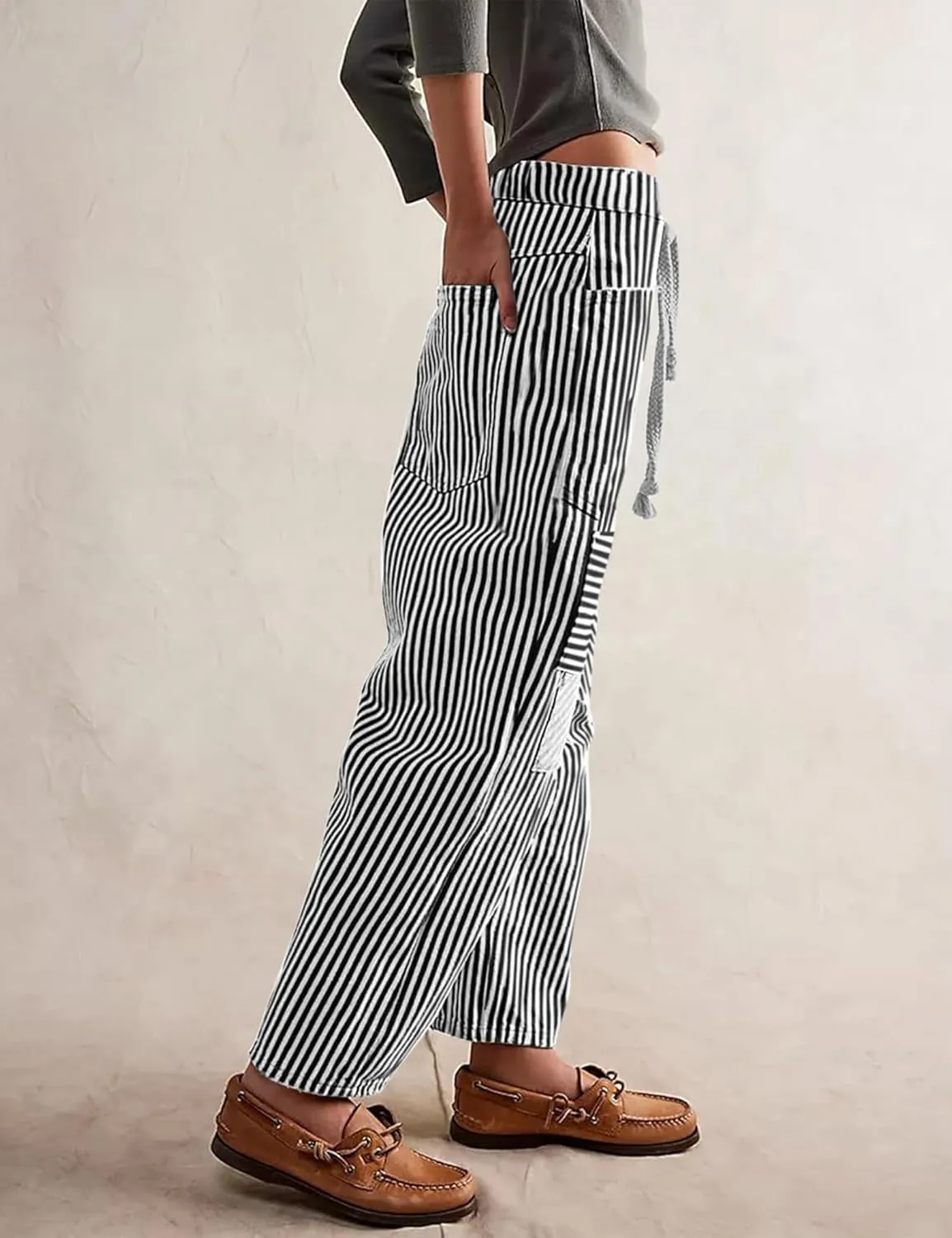 Baggy Barrel Jeans for Women Y2k Striped Drawstring High Waist Straight Wide Leg Boyfriend Jeans Mom Denim Pants