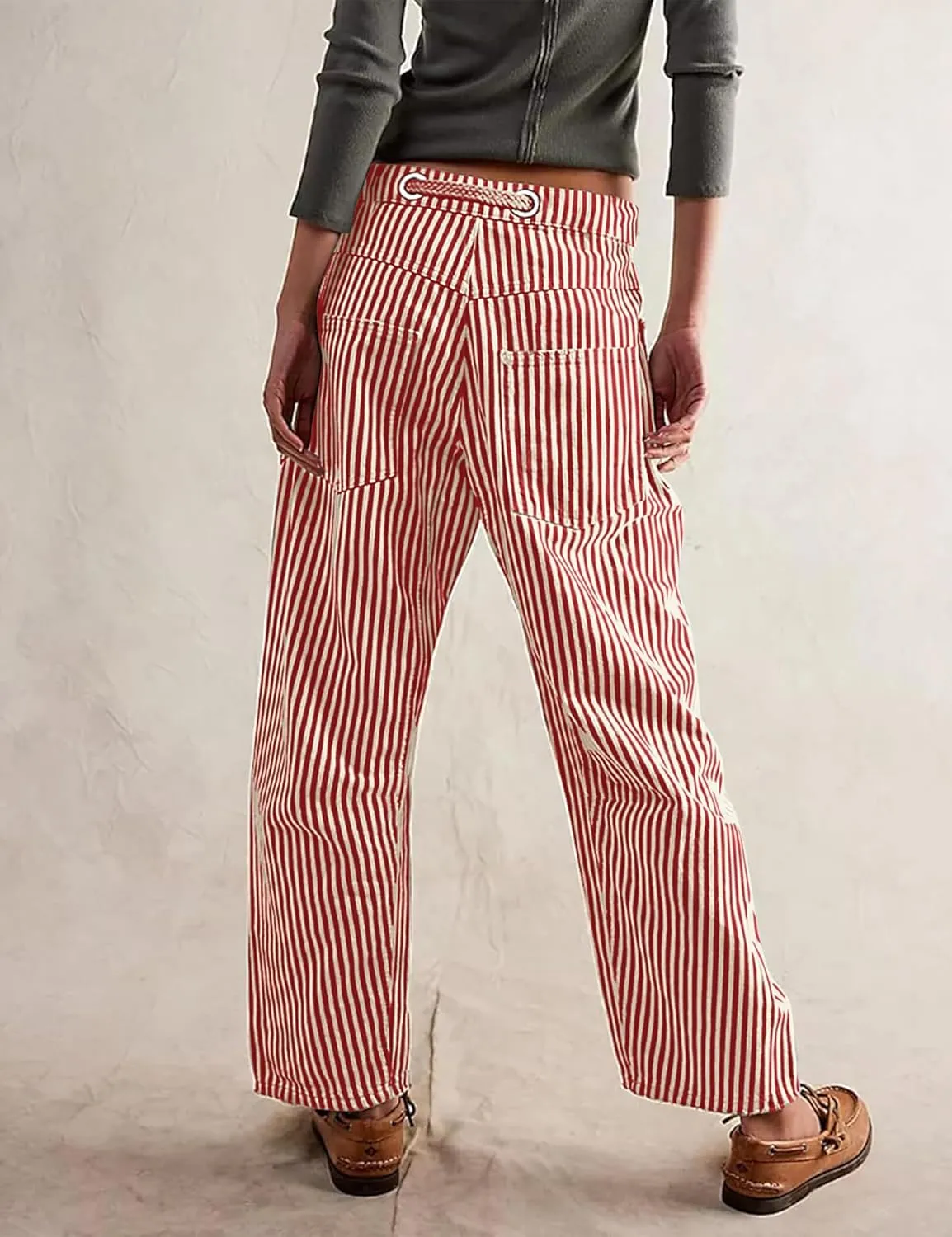 Baggy Barrel Jeans for Women Y2k Striped Drawstring High Waist Straight Wide Leg Boyfriend Jeans Mom Denim Pants