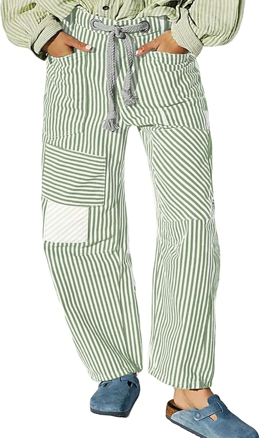 Baggy Barrel Jeans for Women Y2k Striped Drawstring High Waist Straight Wide Leg Boyfriend Jeans Mom Denim Pants
