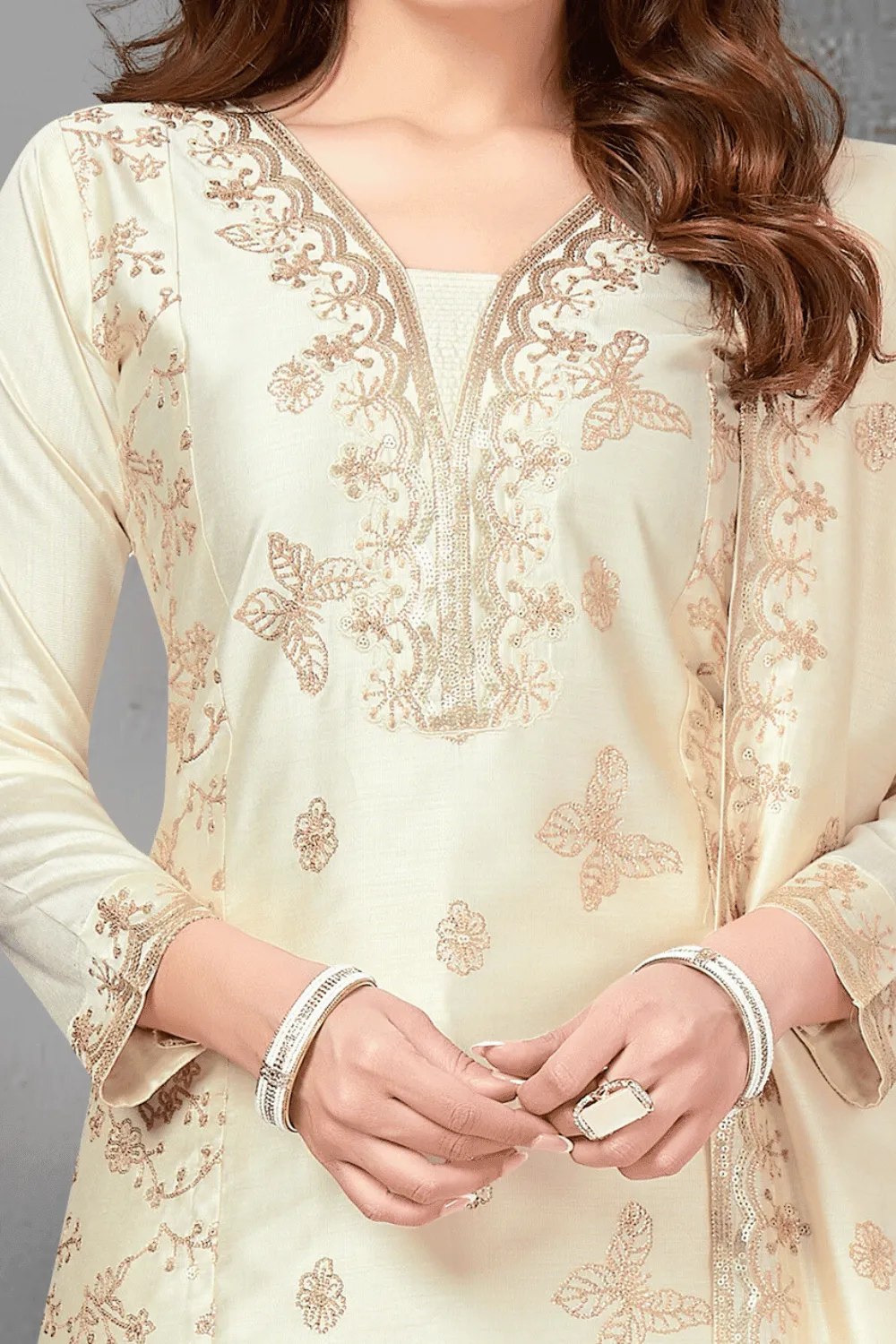 Cream Sequins work Straight Cut Salwar Suit