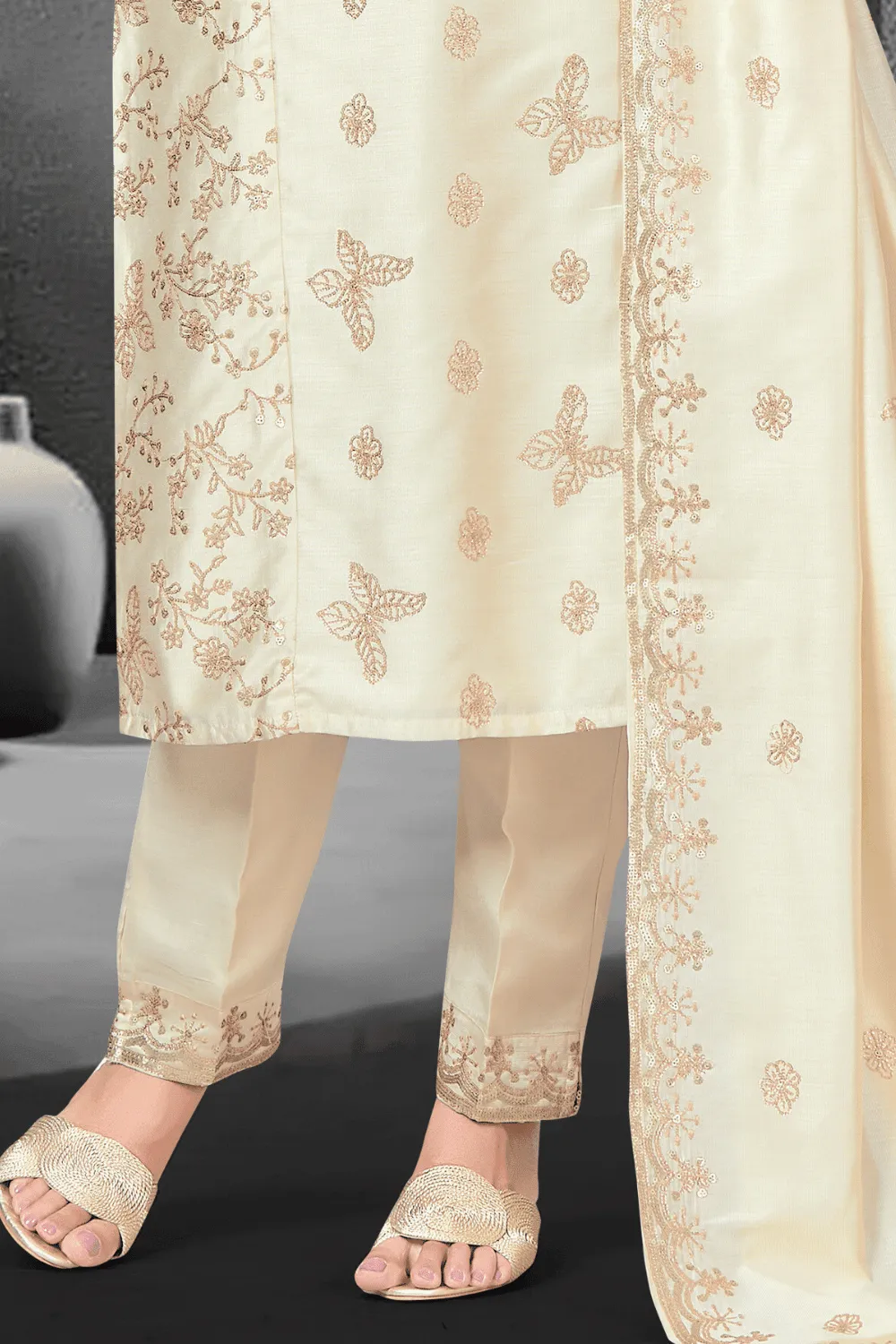 Cream Sequins work Straight Cut Salwar Suit