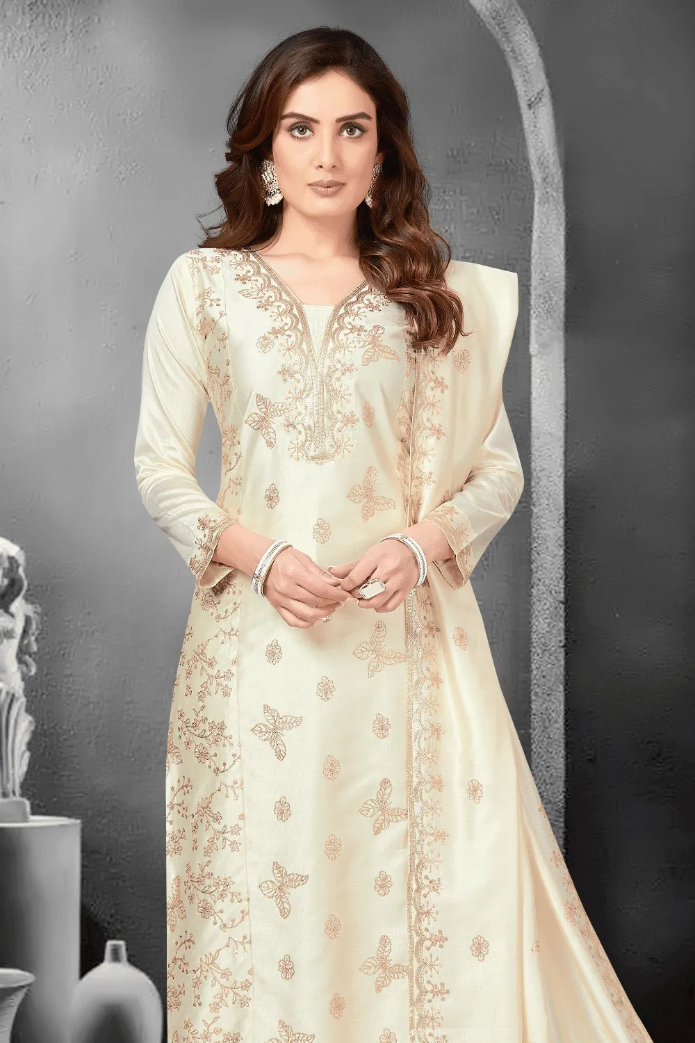 Cream Sequins work Straight Cut Salwar Suit