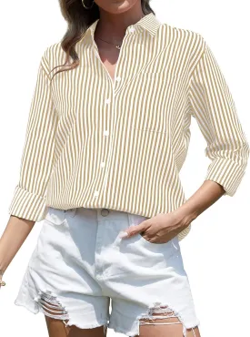 CUNLIN Grade 4 Wrinkle-Resistant Women's Button Down Shirts Striped Long Sleeve Collared Blouses Tops with Pocket
