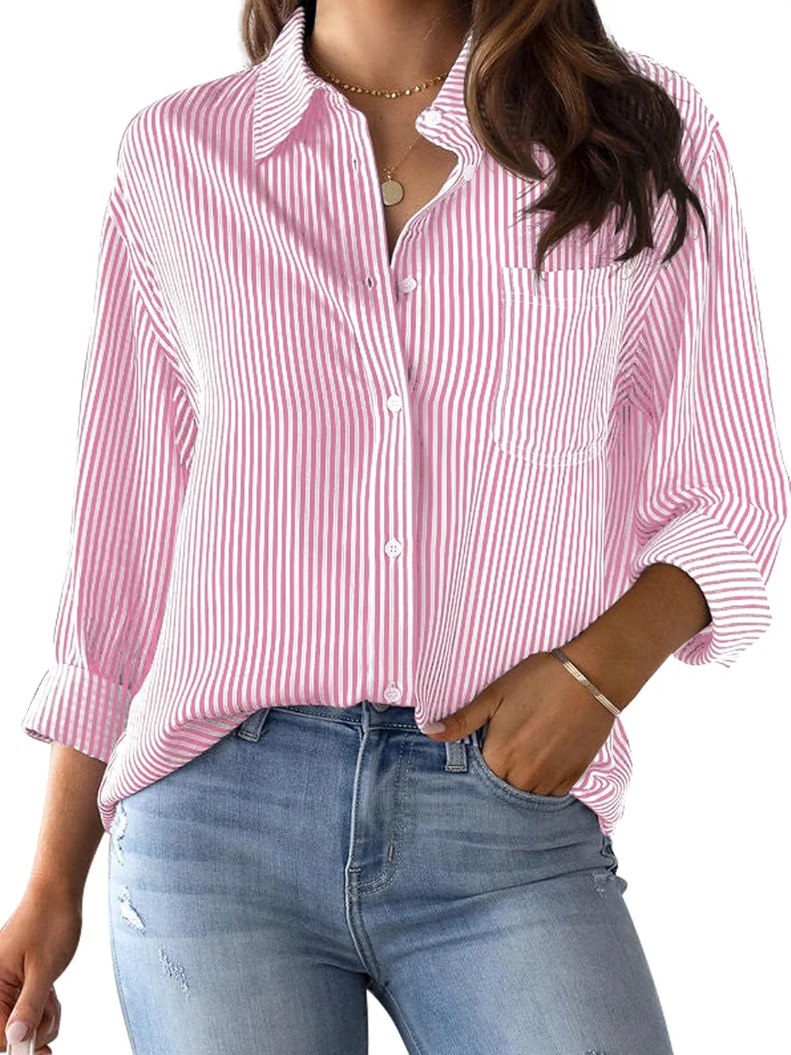 CUNLIN Grade 4 Wrinkle-Resistant Women's Button Down Shirts Striped Long Sleeve Collared Blouses Tops with Pocket