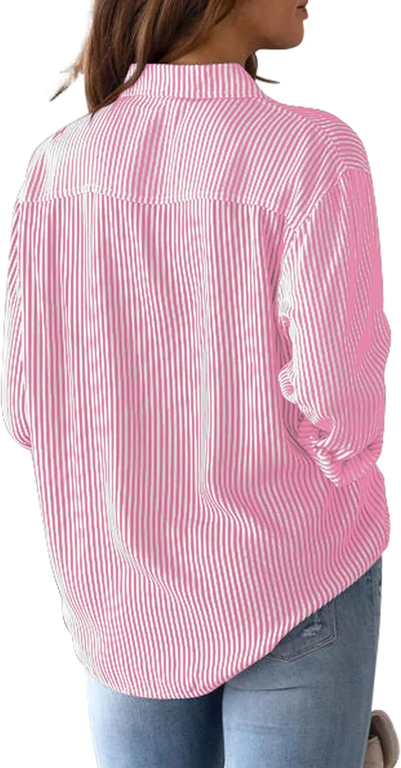 CUNLIN Grade 4 Wrinkle-Resistant Women's Button Down Shirts Striped Long Sleeve Collared Blouses Tops with Pocket