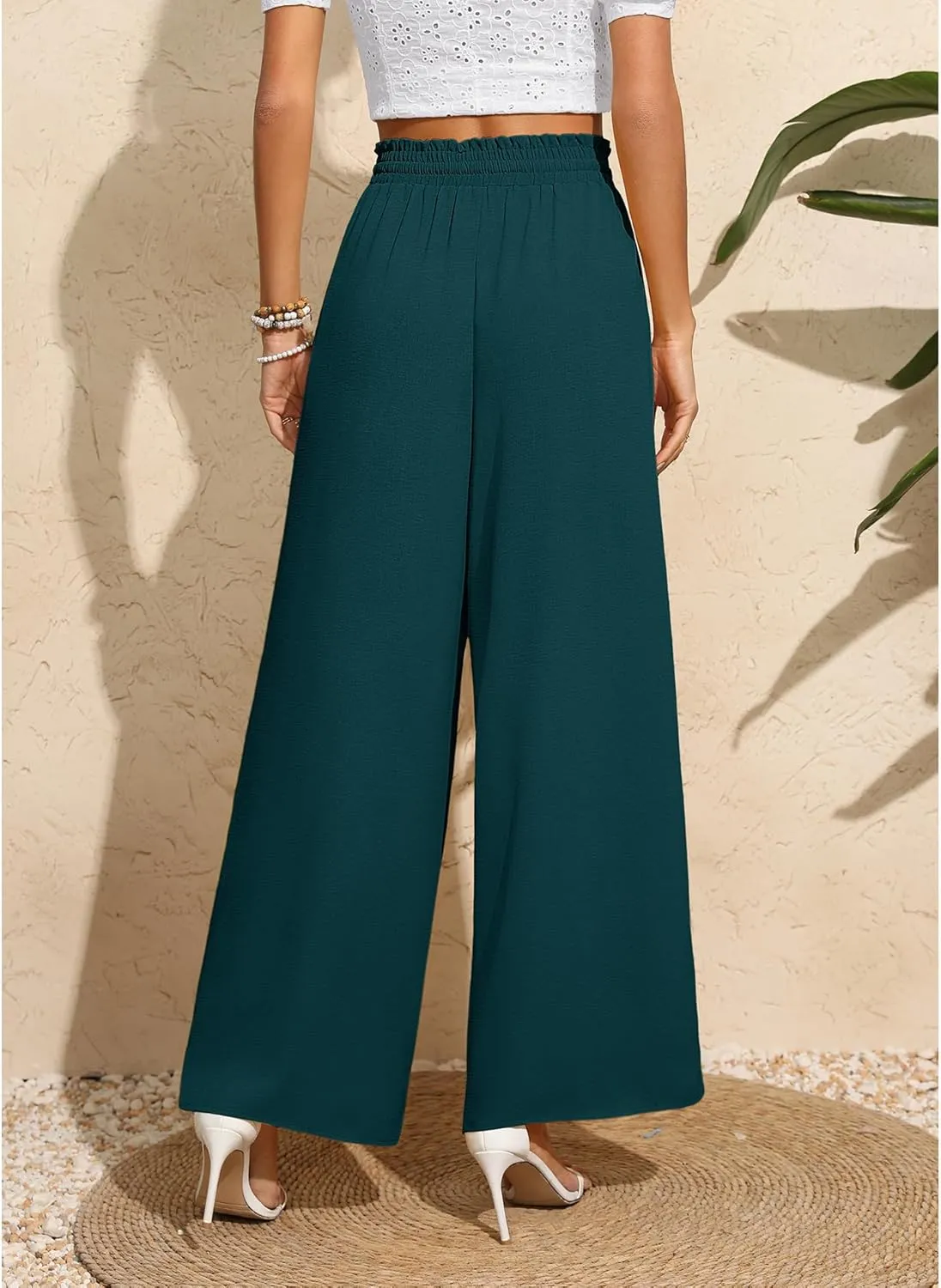 CZYINXIAN Women's Casual Wide Leg Pants Flowy Adjustable Tie Knot Elastic Waist Pants with Pockets
