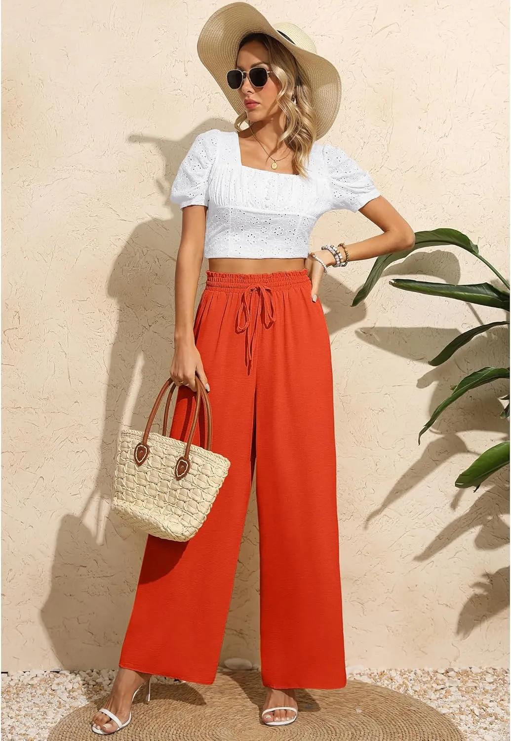 CZYINXIAN Women's Casual Wide Leg Pants Flowy Adjustable Tie Knot Elastic Waist Pants with Pockets