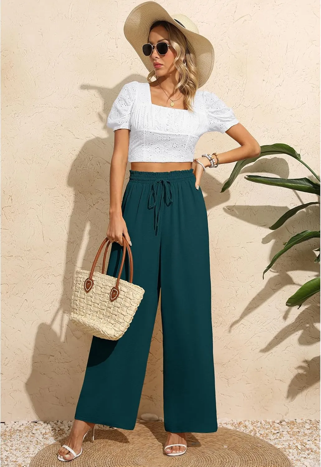 CZYINXIAN Women's Casual Wide Leg Pants Flowy Adjustable Tie Knot Elastic Waist Pants with Pockets