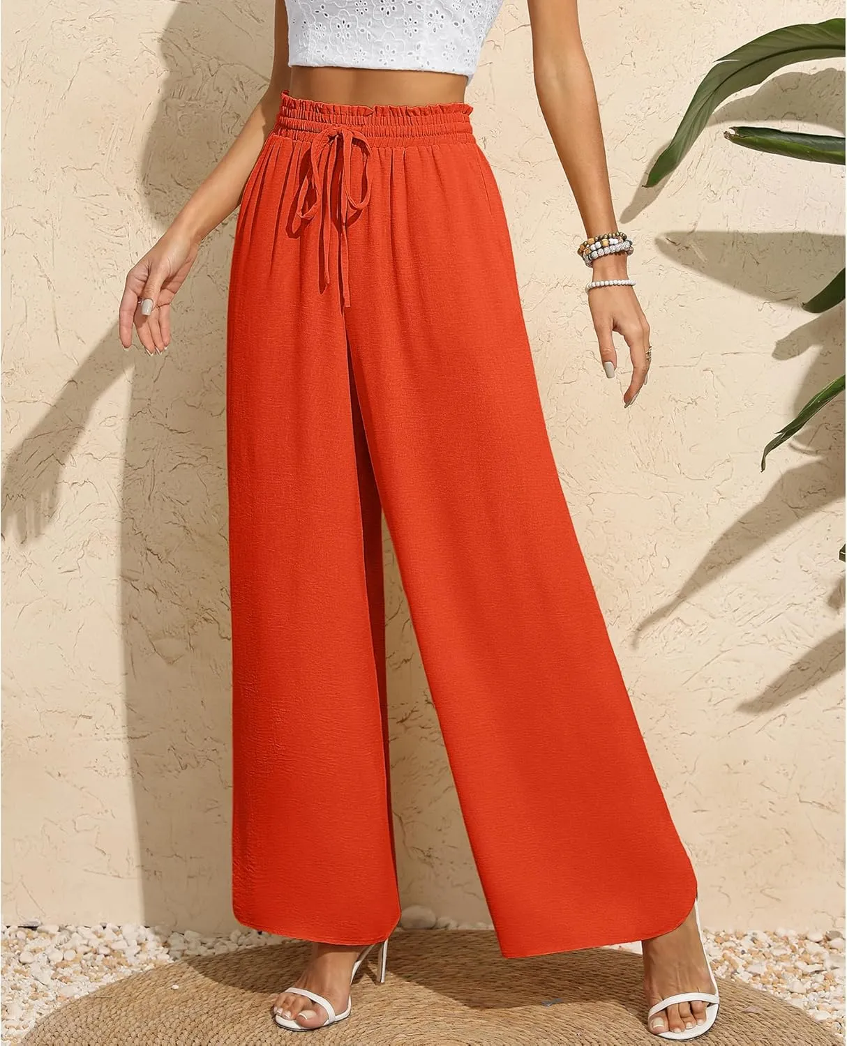 CZYINXIAN Women's Casual Wide Leg Pants Flowy Adjustable Tie Knot Elastic Waist Pants with Pockets