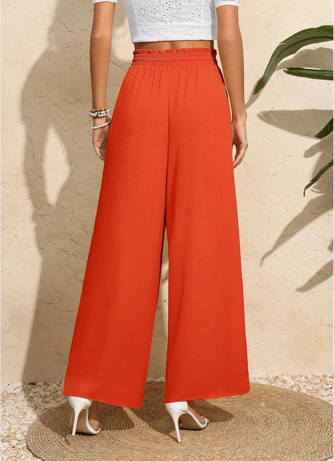 CZYINXIAN Women's Casual Wide Leg Pants Flowy Adjustable Tie Knot Elastic Waist Pants with Pockets