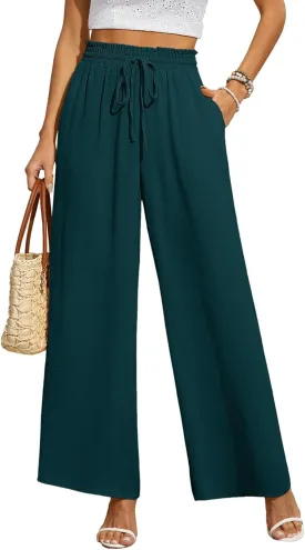 CZYINXIAN Women's Casual Wide Leg Pants Flowy Adjustable Tie Knot Elastic Waist Pants with Pockets