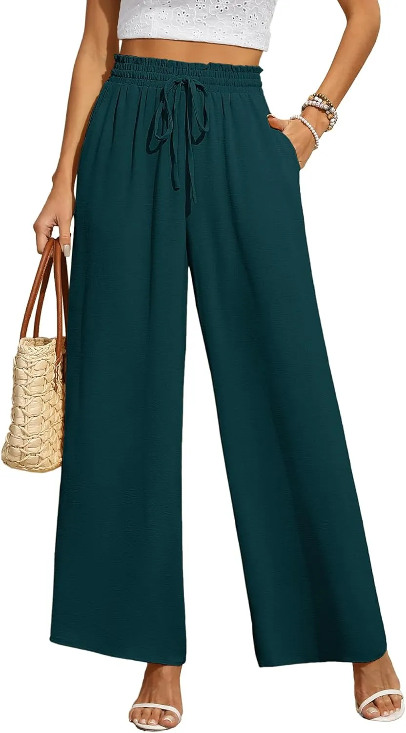 CZYINXIAN Women's Casual Wide Leg Pants Flowy Adjustable Tie Knot Elastic Waist Pants with Pockets