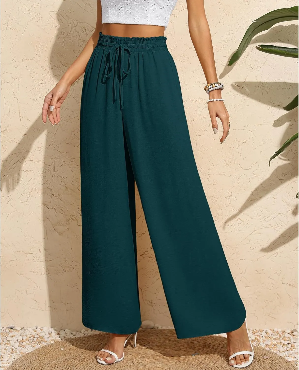 CZYINXIAN Women's Casual Wide Leg Pants Flowy Adjustable Tie Knot Elastic Waist Pants with Pockets