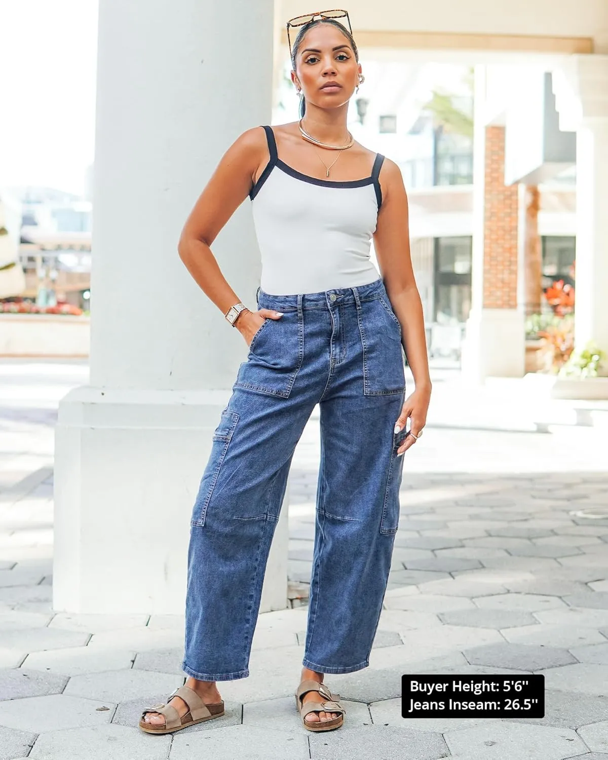 GRAPENT Barrel Jeans for Women Trendy High Waisted Cropped Cargo Pocket Baggy Stretch Denim Pants Wide Leg Tapered Jeans