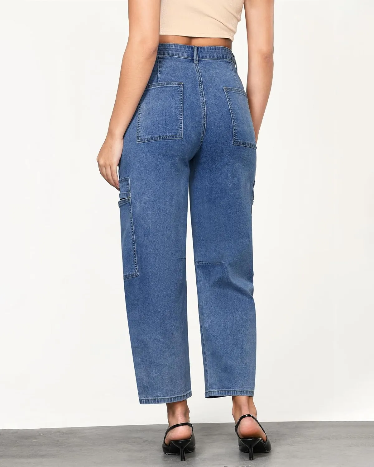 GRAPENT Barrel Jeans for Women Trendy High Waisted Cropped Cargo Pocket Baggy Stretch Denim Pants Wide Leg Tapered Jeans