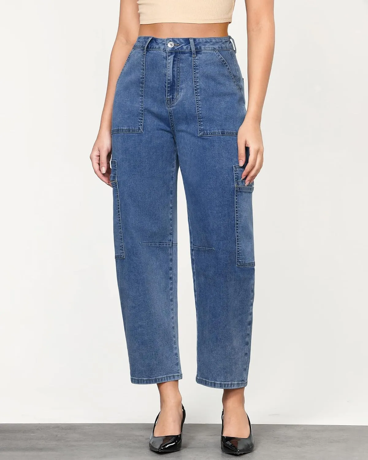 GRAPENT Barrel Jeans for Women Trendy High Waisted Cropped Cargo Pocket Baggy Stretch Denim Pants Wide Leg Tapered Jeans