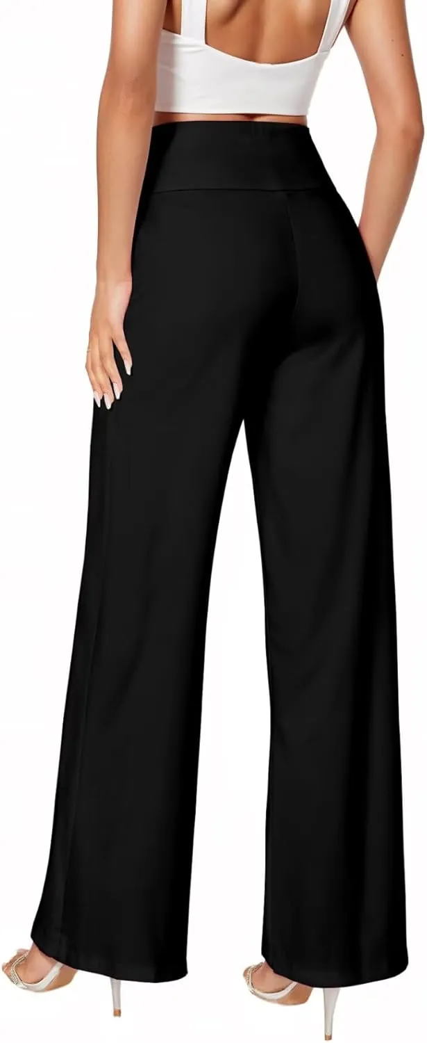 Hybrid & Company Womens Ultra Comfort Ponte Fabric Pull on Casual Wide Leg Pants