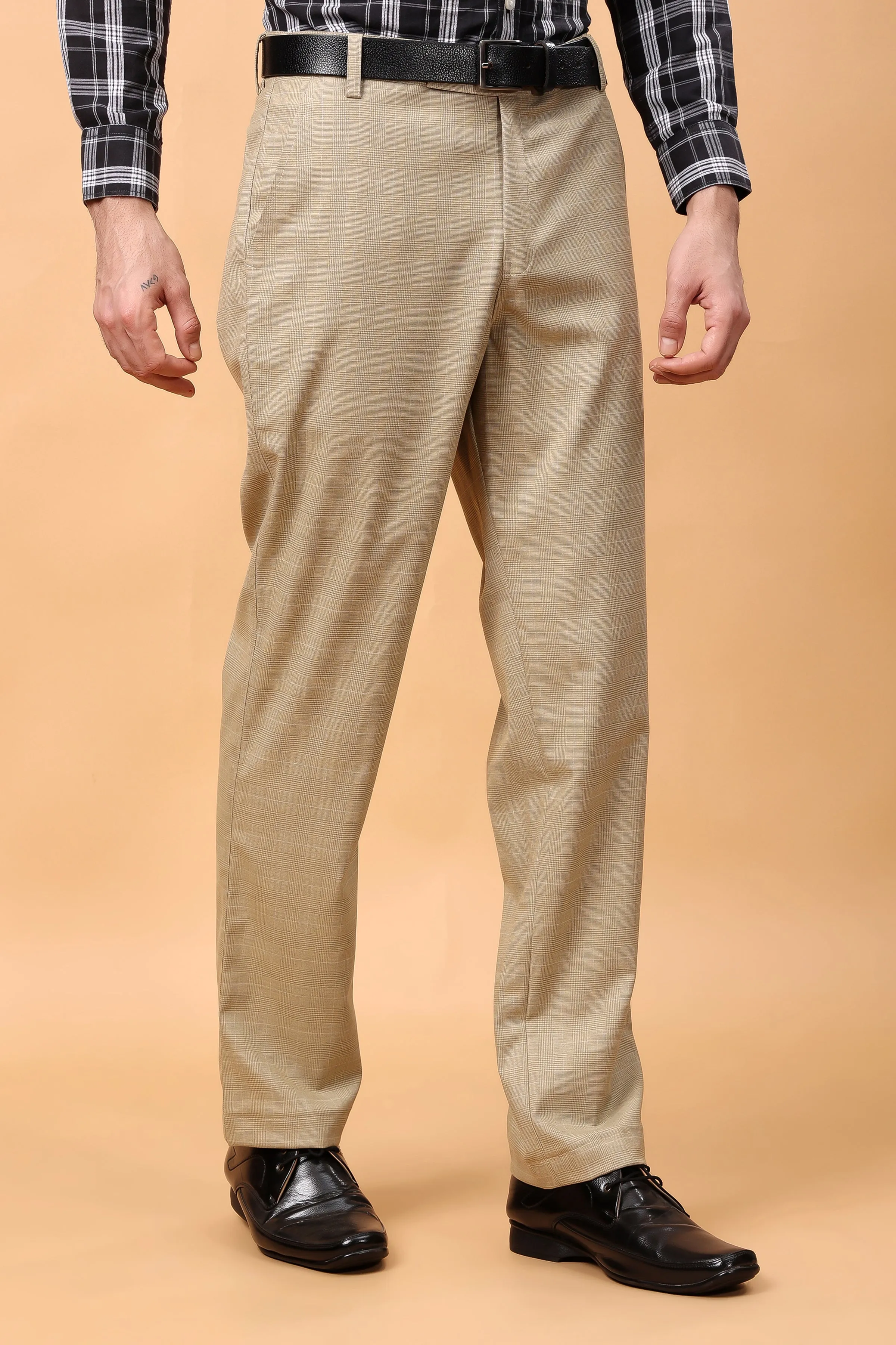 Khaki Checked Formal Trousers