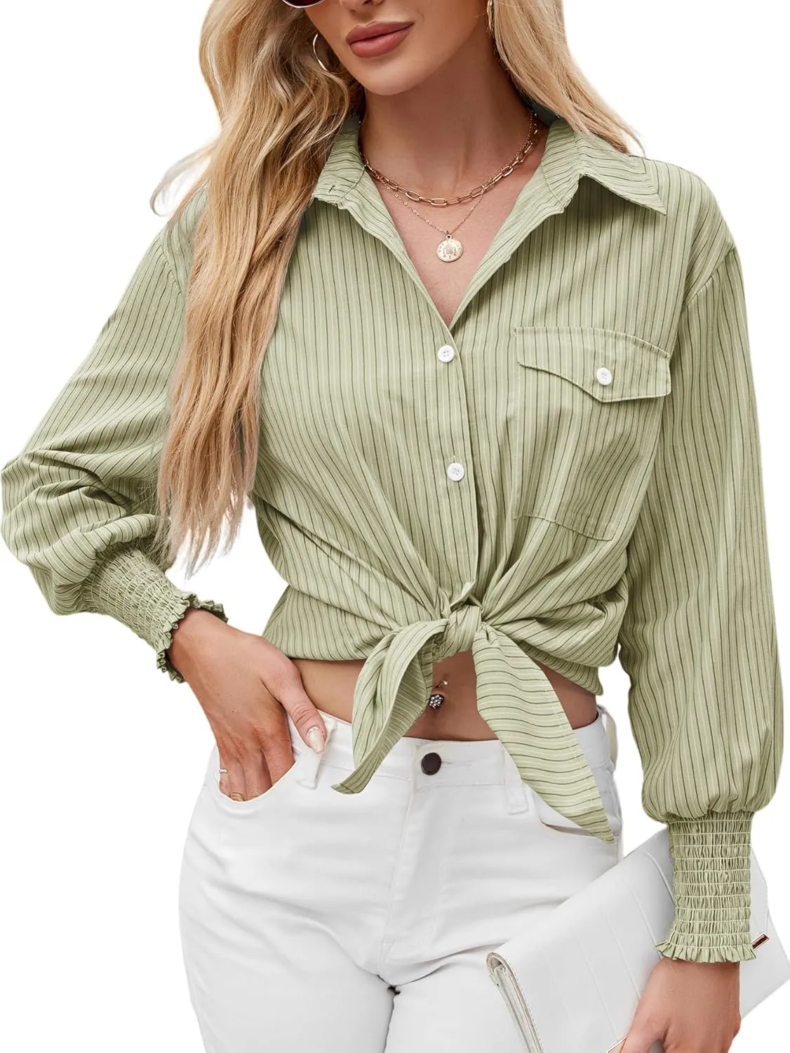 LEMAFER Womens 2025 Smocked Cuffed Striped Boyfriend Shirt Flap Pocket Cotton-Blend Casual Button Down Collared Blouse
