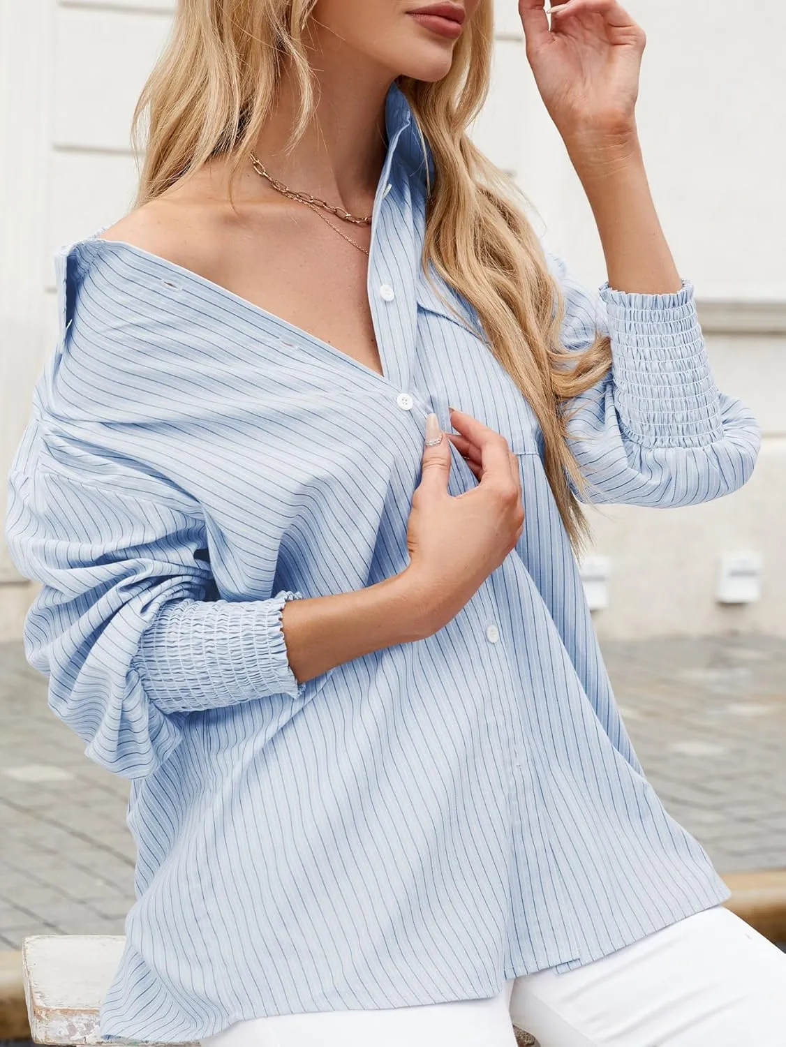 LEMAFER Womens 2025 Smocked Cuffed Striped Boyfriend Shirt Flap Pocket Cotton-Blend Casual Button Down Collared Blouse