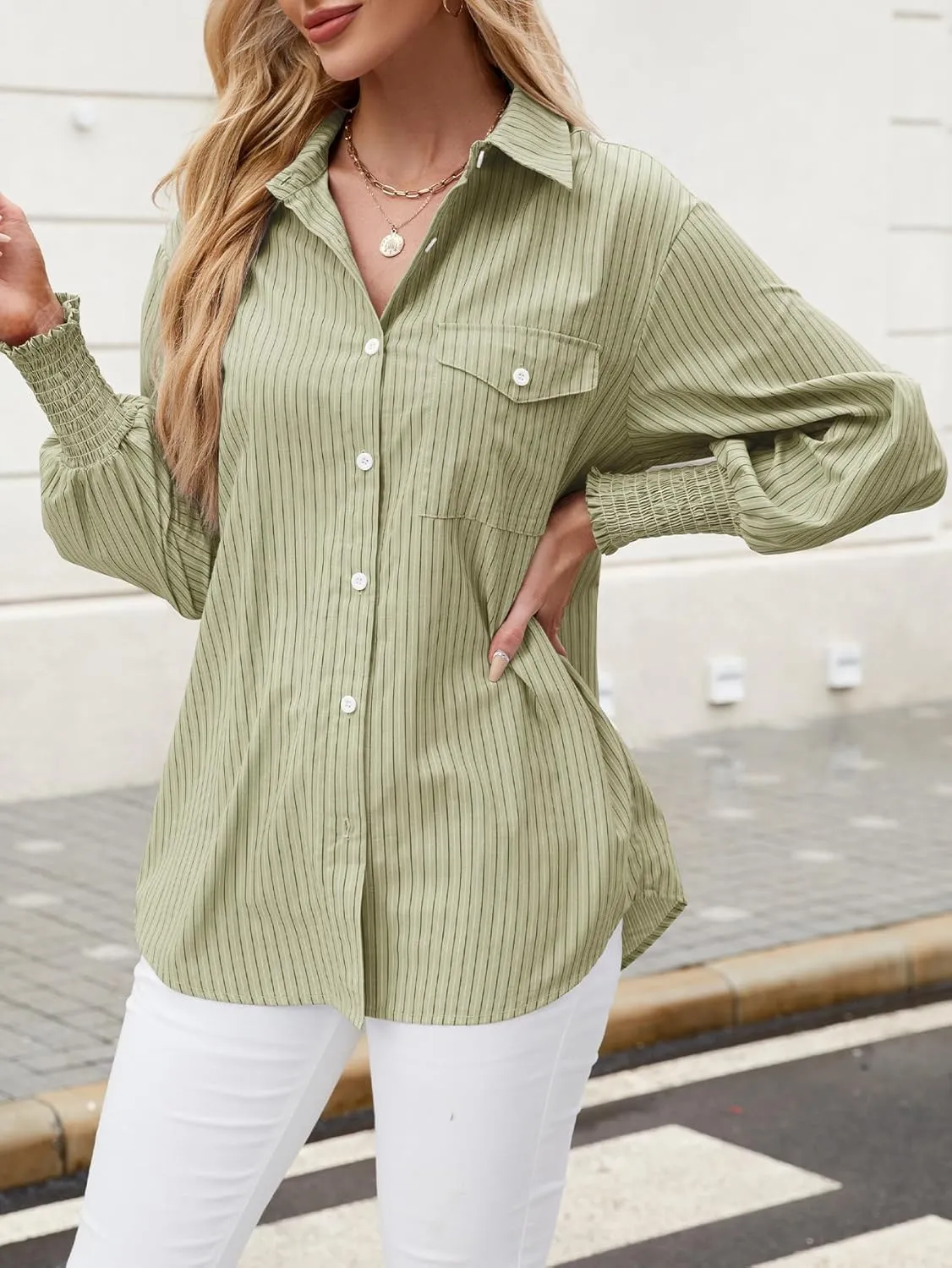 LEMAFER Womens 2025 Smocked Cuffed Striped Boyfriend Shirt Flap Pocket Cotton-Blend Casual Button Down Collared Blouse