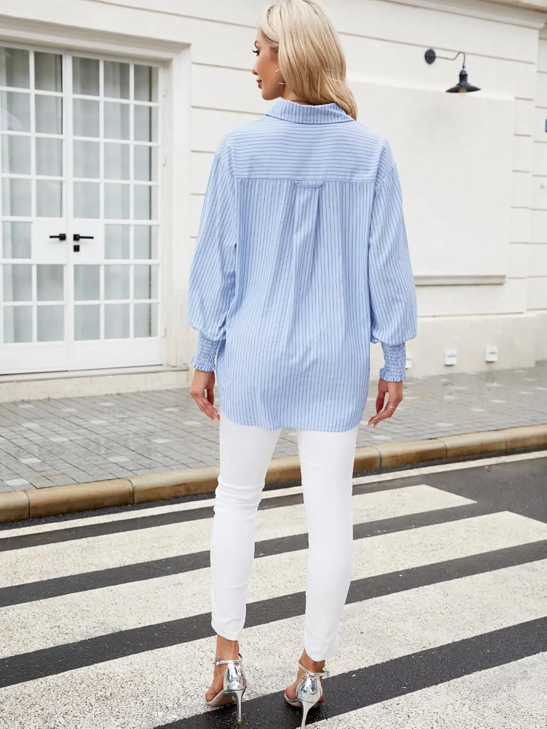 LEMAFER Womens 2025 Smocked Cuffed Striped Boyfriend Shirt Flap Pocket Cotton-Blend Casual Button Down Collared Blouse