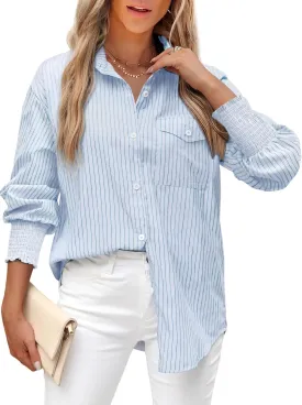 LEMAFER Womens 2025 Smocked Cuffed Striped Boyfriend Shirt Flap Pocket Cotton-Blend Casual Button Down Collared Blouse