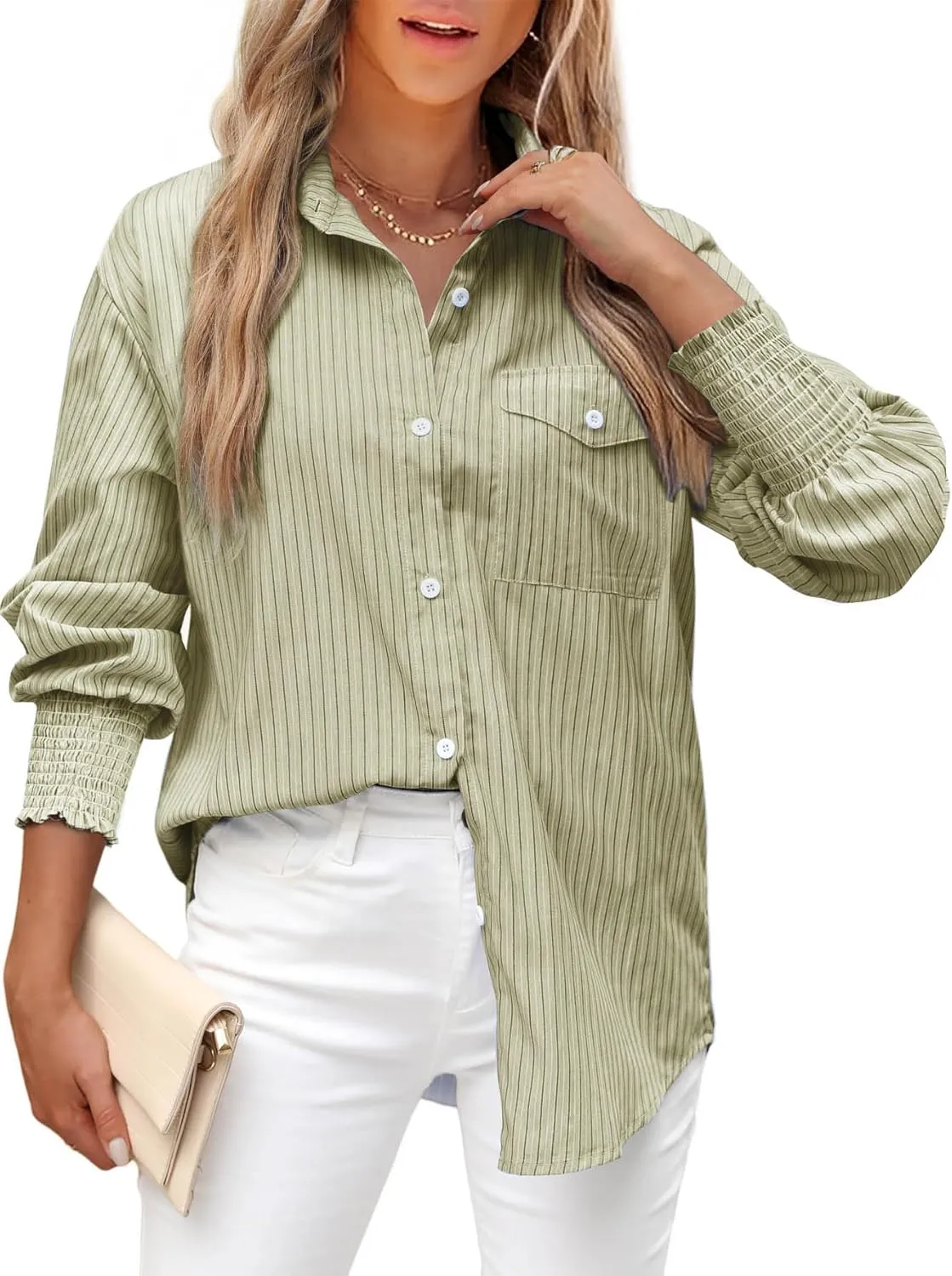 LEMAFER Womens 2025 Smocked Cuffed Striped Boyfriend Shirt Flap Pocket Cotton-Blend Casual Button Down Collared Blouse