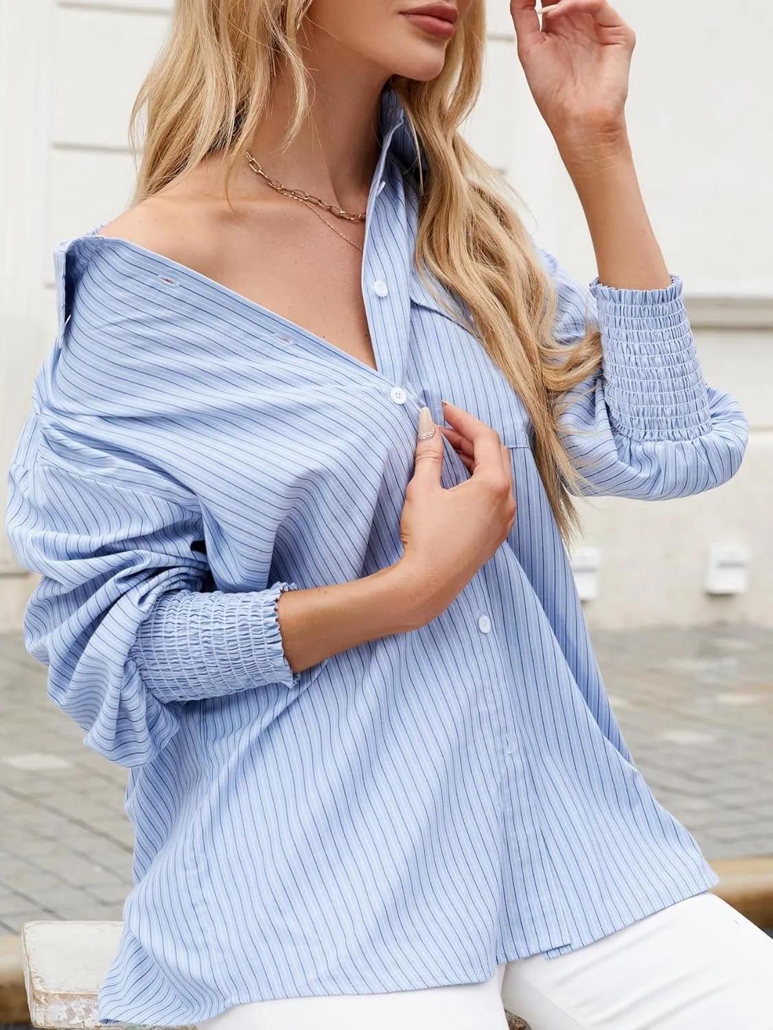 LEMAFER Womens 2025 Smocked Cuffed Striped Boyfriend Shirt Flap Pocket Cotton-Blend Casual Button Down Collared Blouse