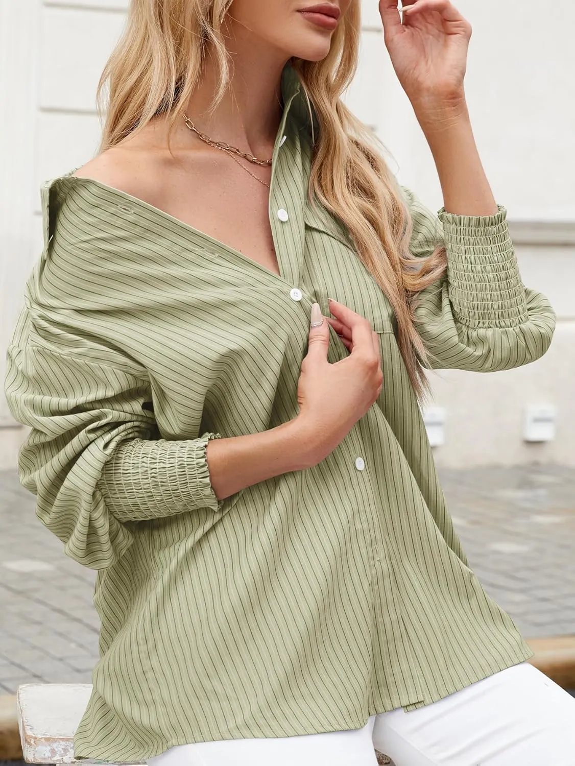 LEMAFER Womens 2025 Smocked Cuffed Striped Boyfriend Shirt Flap Pocket Cotton-Blend Casual Button Down Collared Blouse
