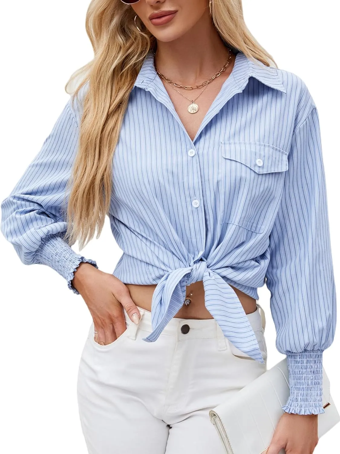 LEMAFER Womens 2025 Smocked Cuffed Striped Boyfriend Shirt Flap Pocket Cotton-Blend Casual Button Down Collared Blouse