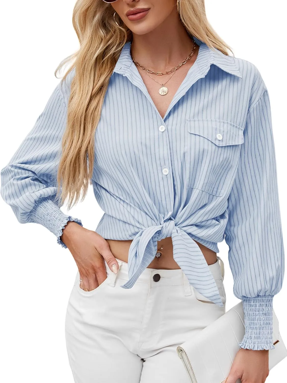 LEMAFER Womens 2025 Smocked Cuffed Striped Boyfriend Shirt Flap Pocket Cotton-Blend Casual Button Down Collared Blouse