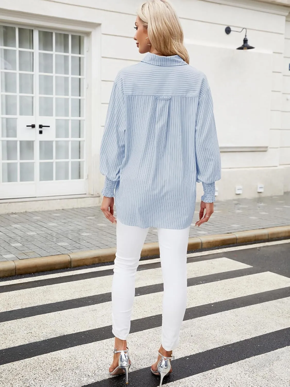 LEMAFER Womens 2025 Smocked Cuffed Striped Boyfriend Shirt Flap Pocket Cotton-Blend Casual Button Down Collared Blouse