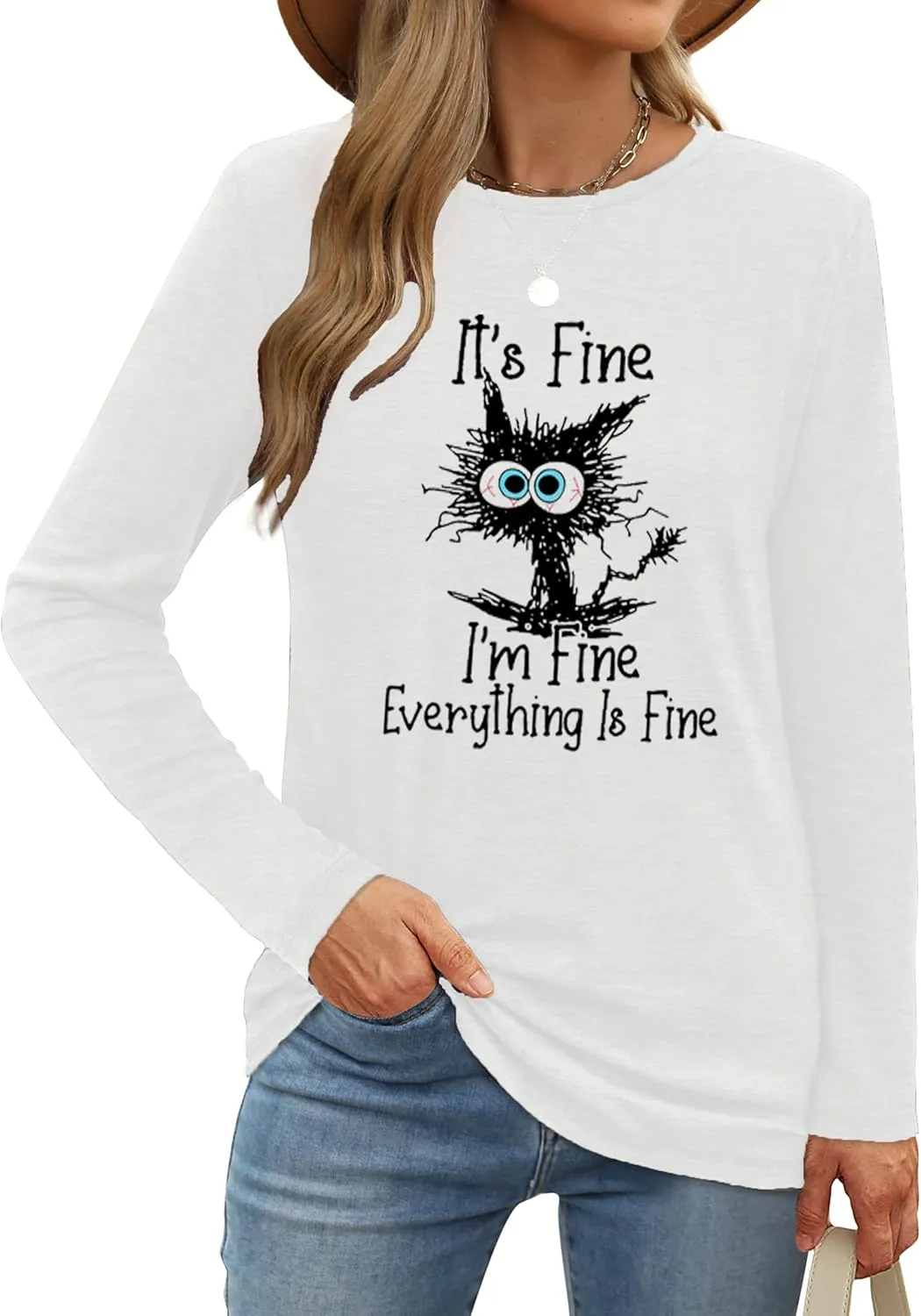 Long Sleeve T Shirts for Women Cute Cat Graphic Tees Im Fine Everything is Fine Tops Fall Crewneck Blouse Casual Outfits