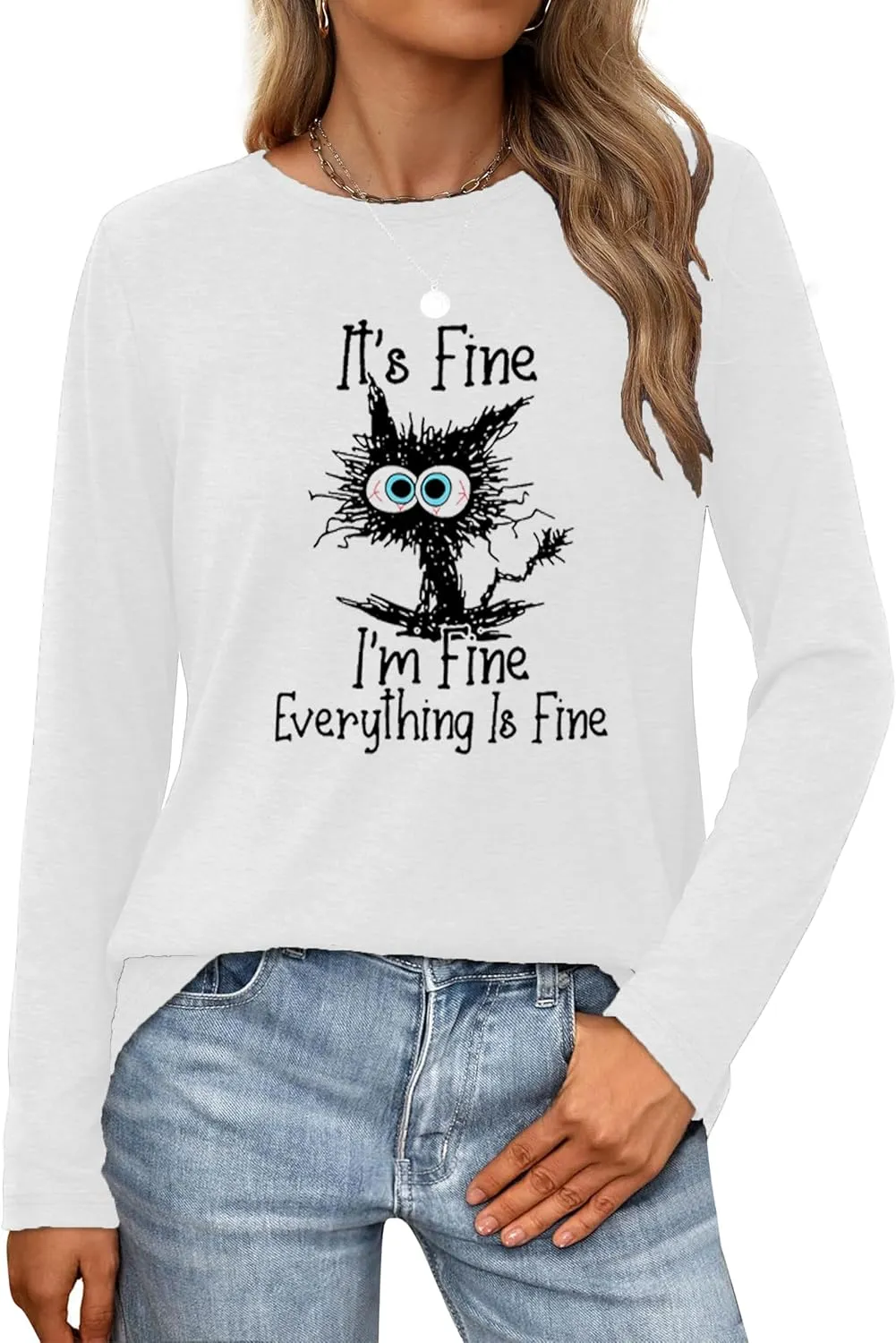 Long Sleeve T Shirts for Women Cute Cat Graphic Tees Im Fine Everything is Fine Tops Fall Crewneck Blouse Casual Outfits