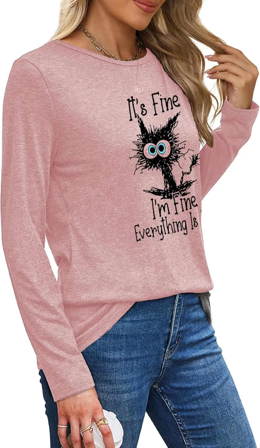 Long Sleeve T Shirts for Women Cute Cat Graphic Tees Im Fine Everything is Fine Tops Fall Crewneck Blouse Casual Outfits